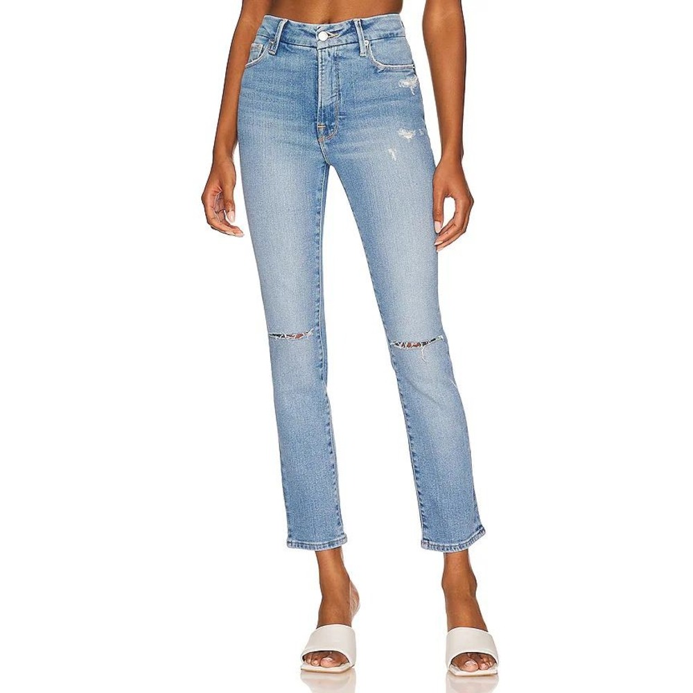 Good American Good Classic Knee Slits Straight Jeans Stretch Blue High Rise‎ 20